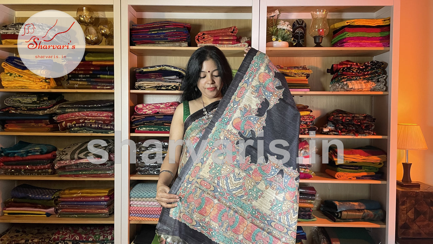 Black Jute/Ghicha Tussar Saree with Madhubani Prints