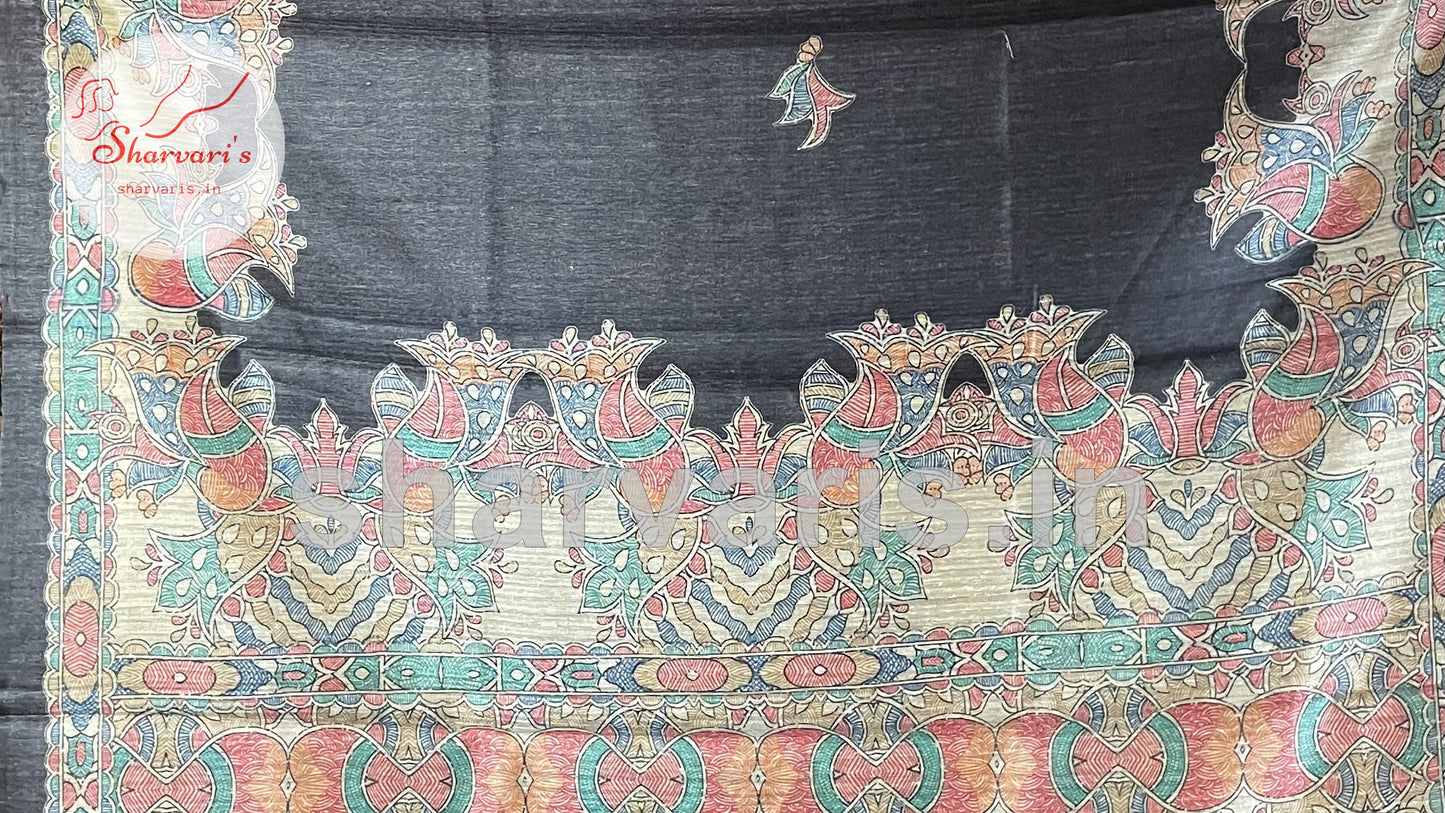 Black Jute/Ghicha Tussar Saree with Madhubani Prints