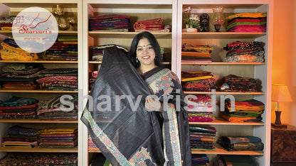 Black Jute/Ghicha Tussar Saree with Madhubani Prints