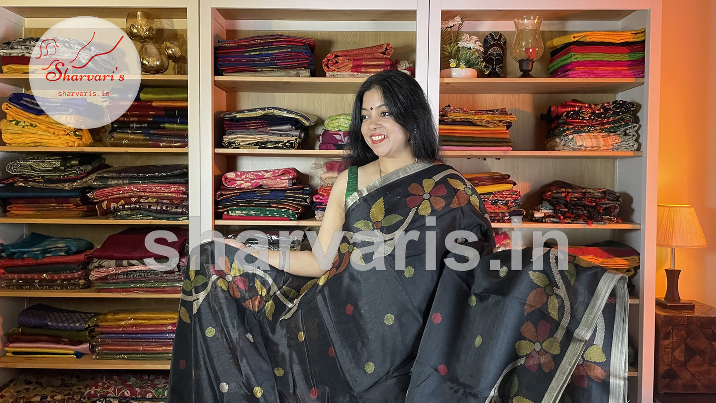 Black Jute Viscose Saree with Jamdani Prints