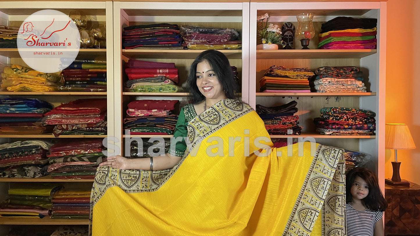 Canary Yellow Off Jute Silk Saree with Tribal Art Prints