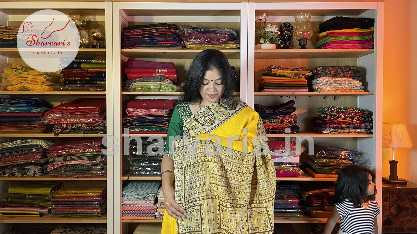 Canary Yellow Off Jute Silk Saree with Tribal Art Prints