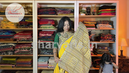 Canary Yellow Off Jute Silk Saree with Tribal Art Prints