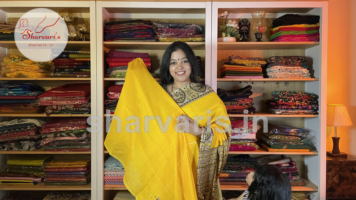 Canary Yellow Off Jute Silk Saree with Tribal Art Prints