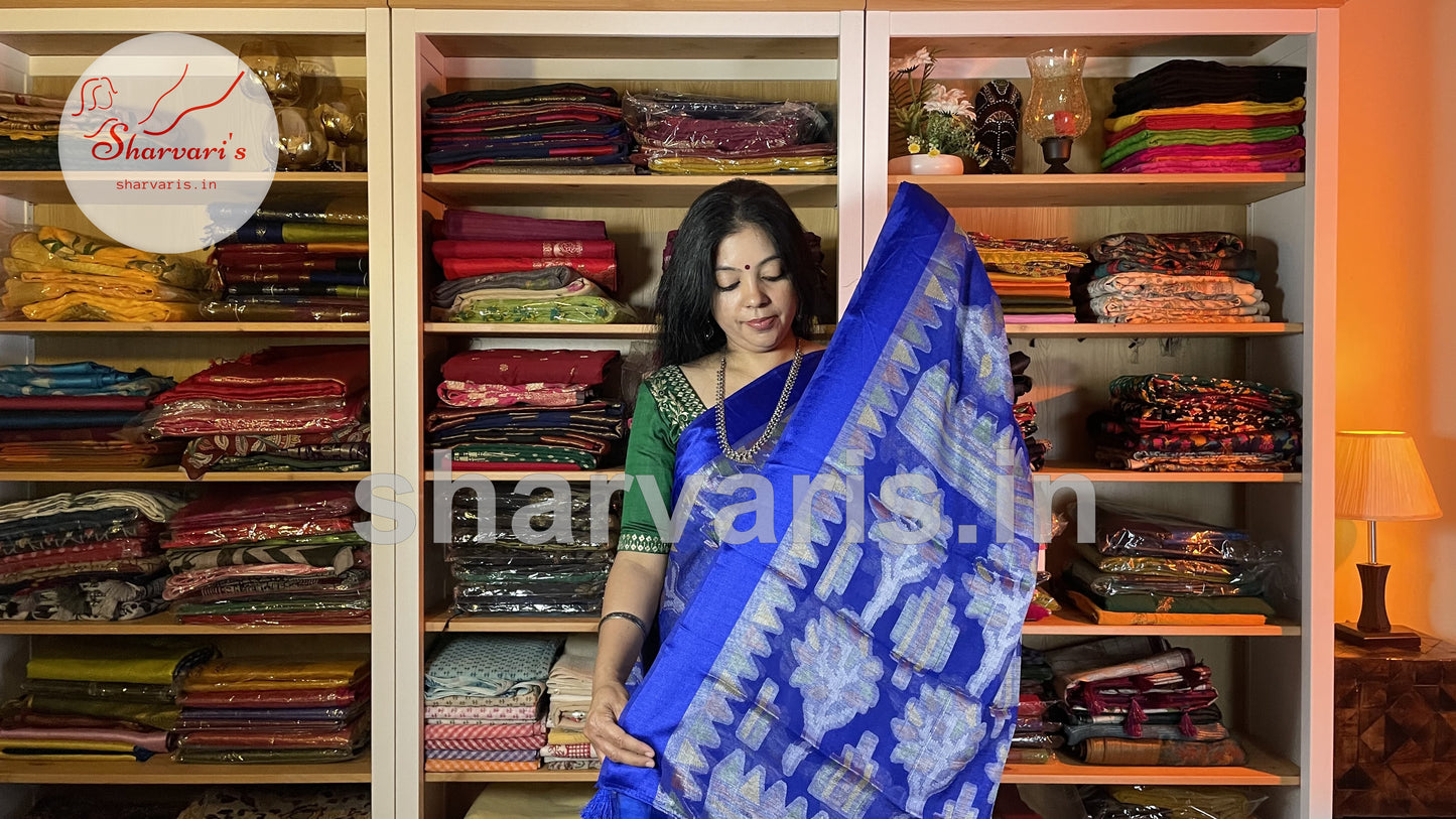 Dark Royal Blue Brasso Saree with Jamdani Prints