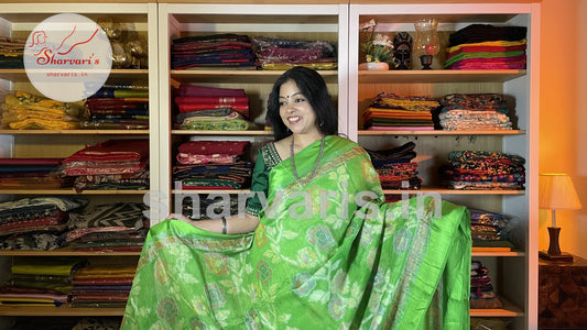 Parrot Green Brasso Saree with Jamdani Prints