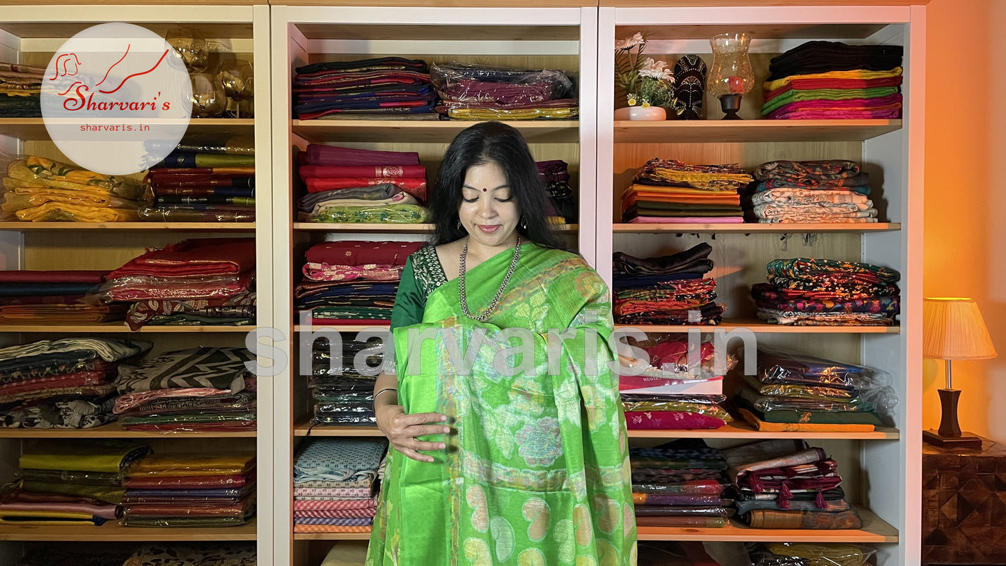 Parrot Green Brasso Saree with Jamdani Prints