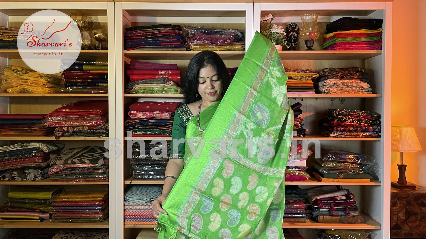 Parrot Green Brasso Saree with Jamdani Prints