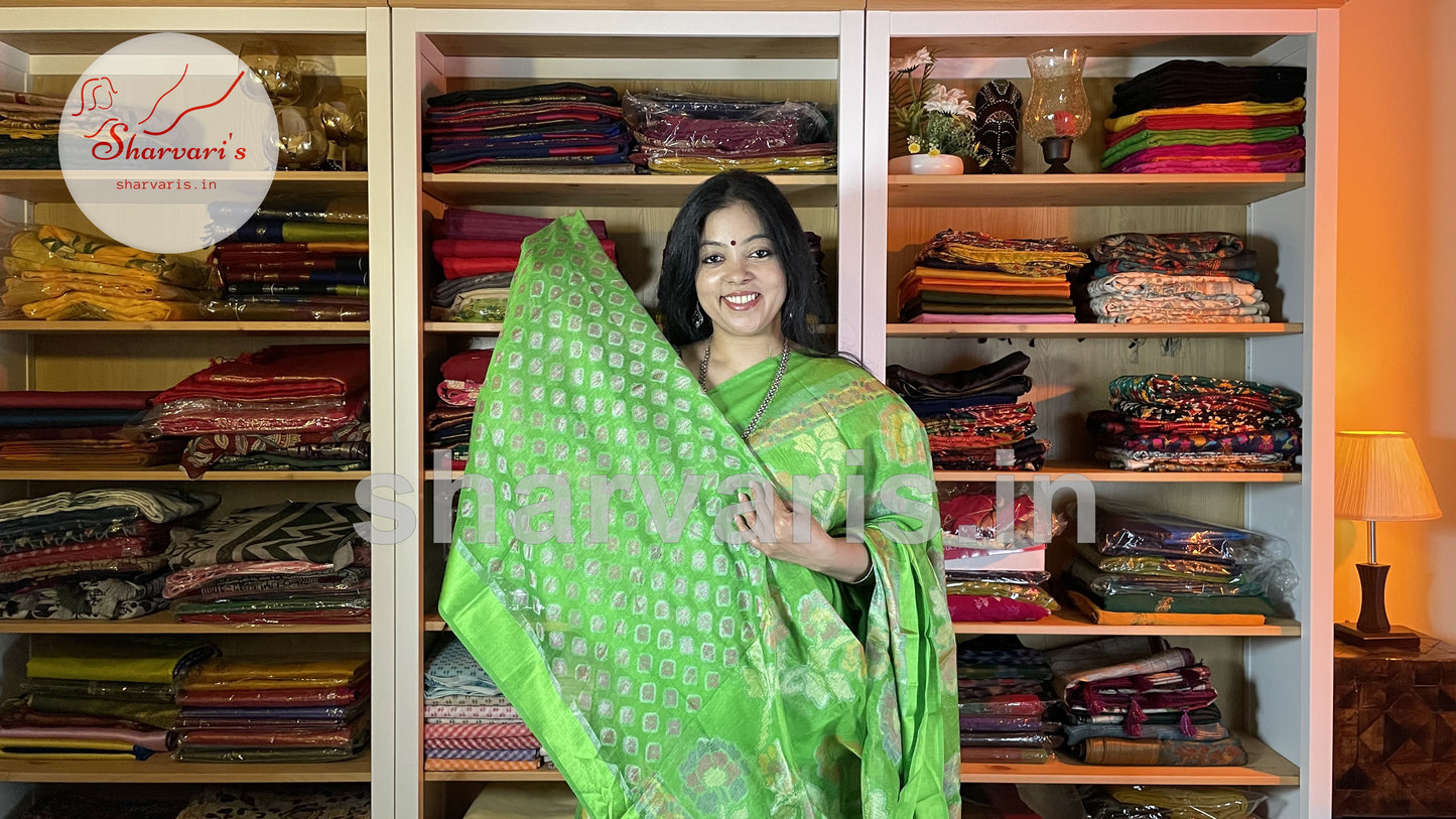 Parrot Green Brasso Saree with Jamdani Prints