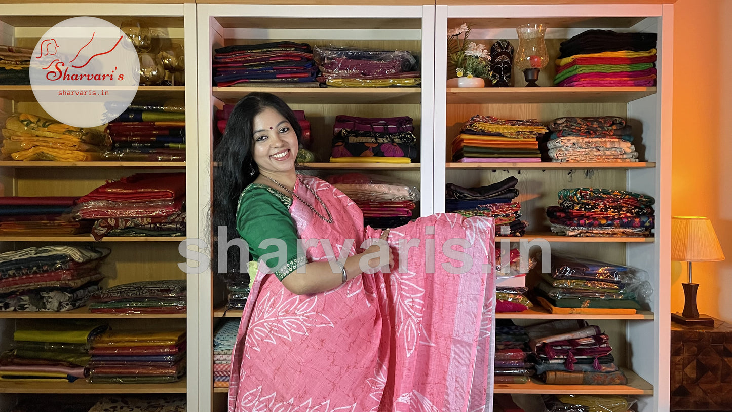 Watermelon Pink Linen Saree with Digital Prints and Readymade Blouse