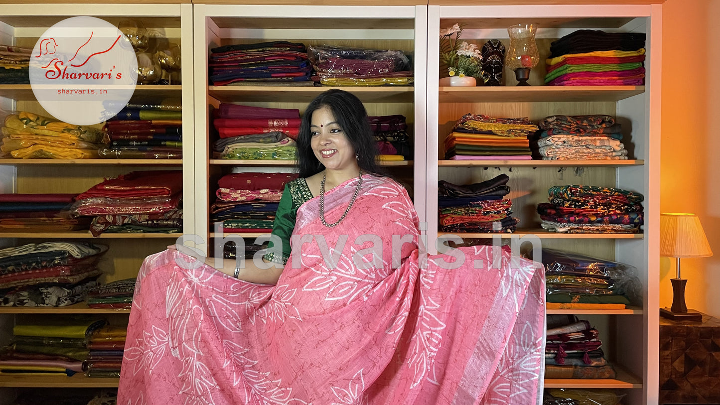 Watermelon Pink Linen Saree with Digital Prints and Readymade Blouse