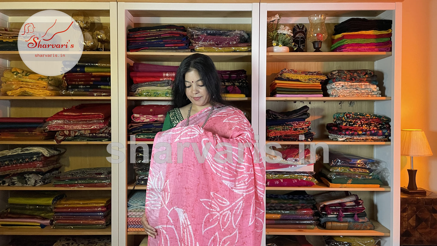 Watermelon Pink Linen Saree with Digital Prints and Readymade Blouse