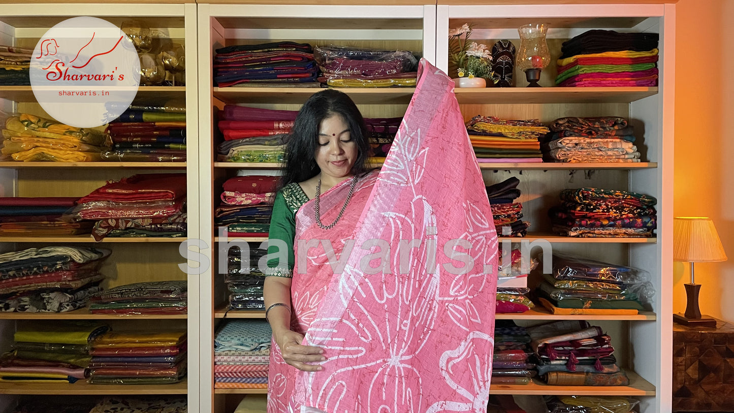 Watermelon Pink Linen Saree with Digital Prints and Readymade Blouse