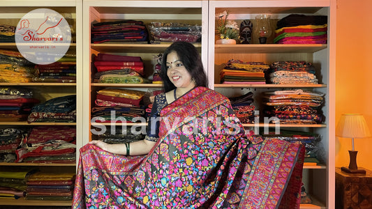 Black Kashmiri Semi Kani Silk Saree with Woven Floral Patterns