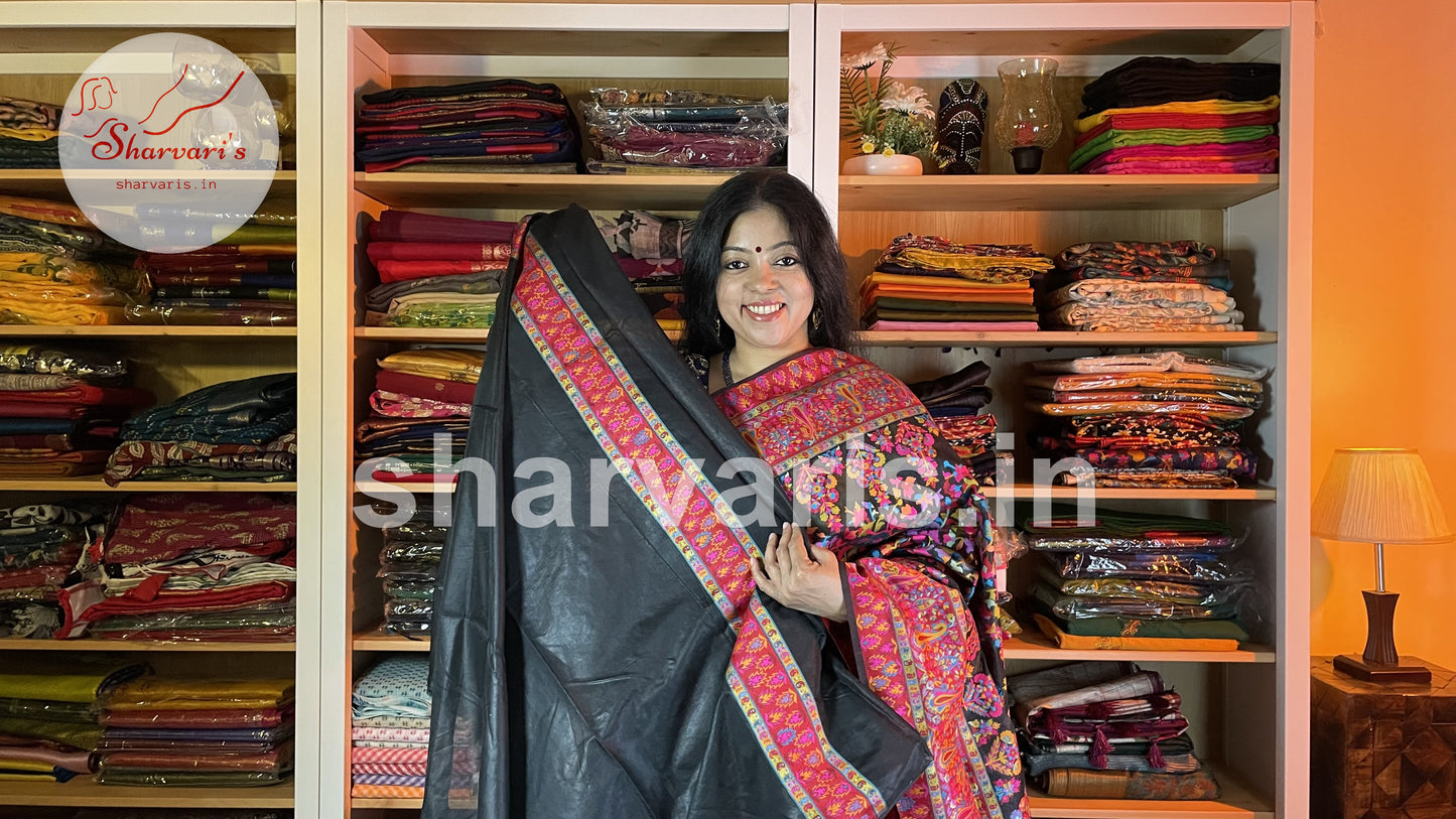 Black Kashmiri Semi Kani Silk Saree with Woven Floral Patterns