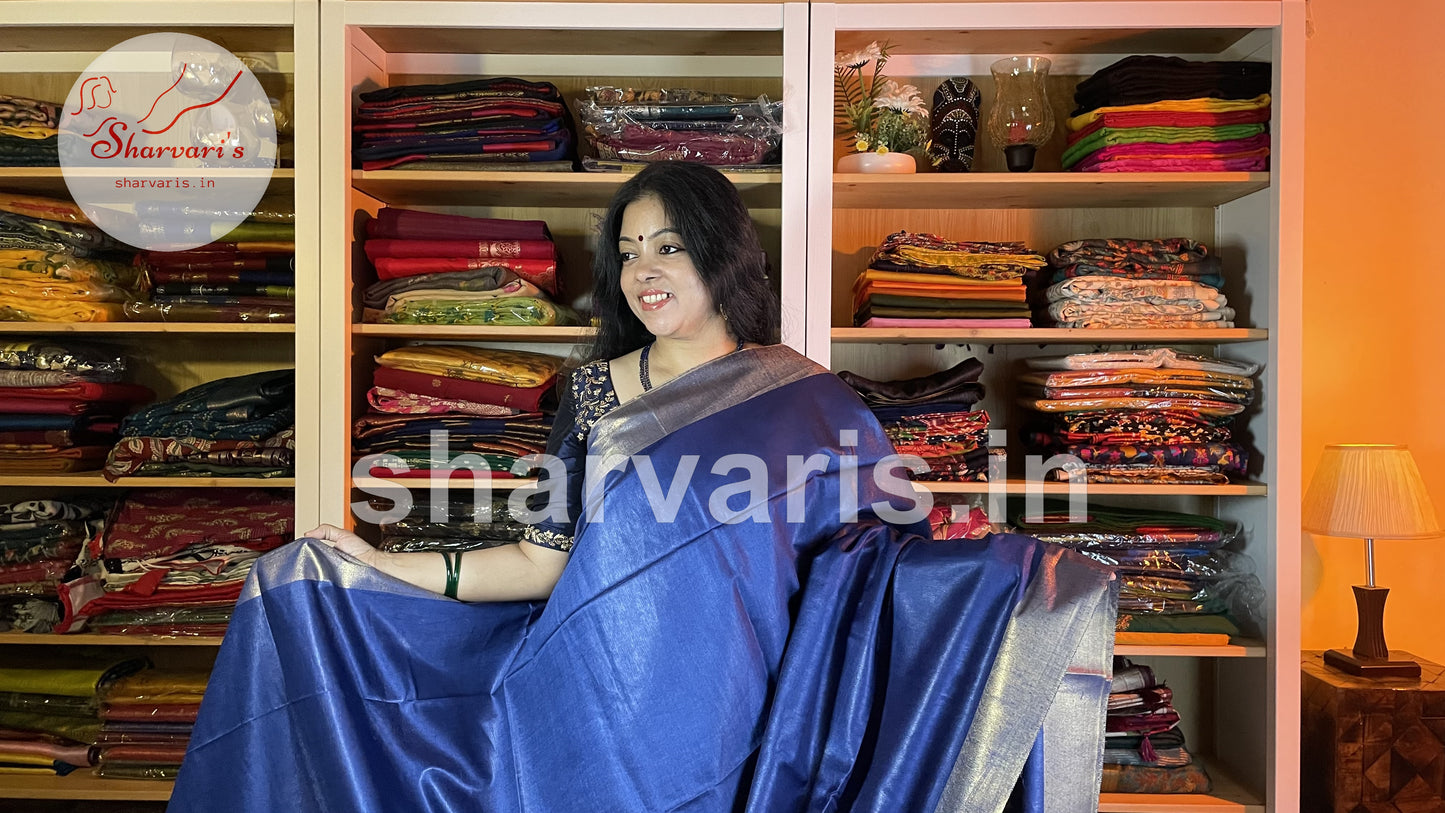 Navy Blue Semi Matka Silk Saree with Zari Borders