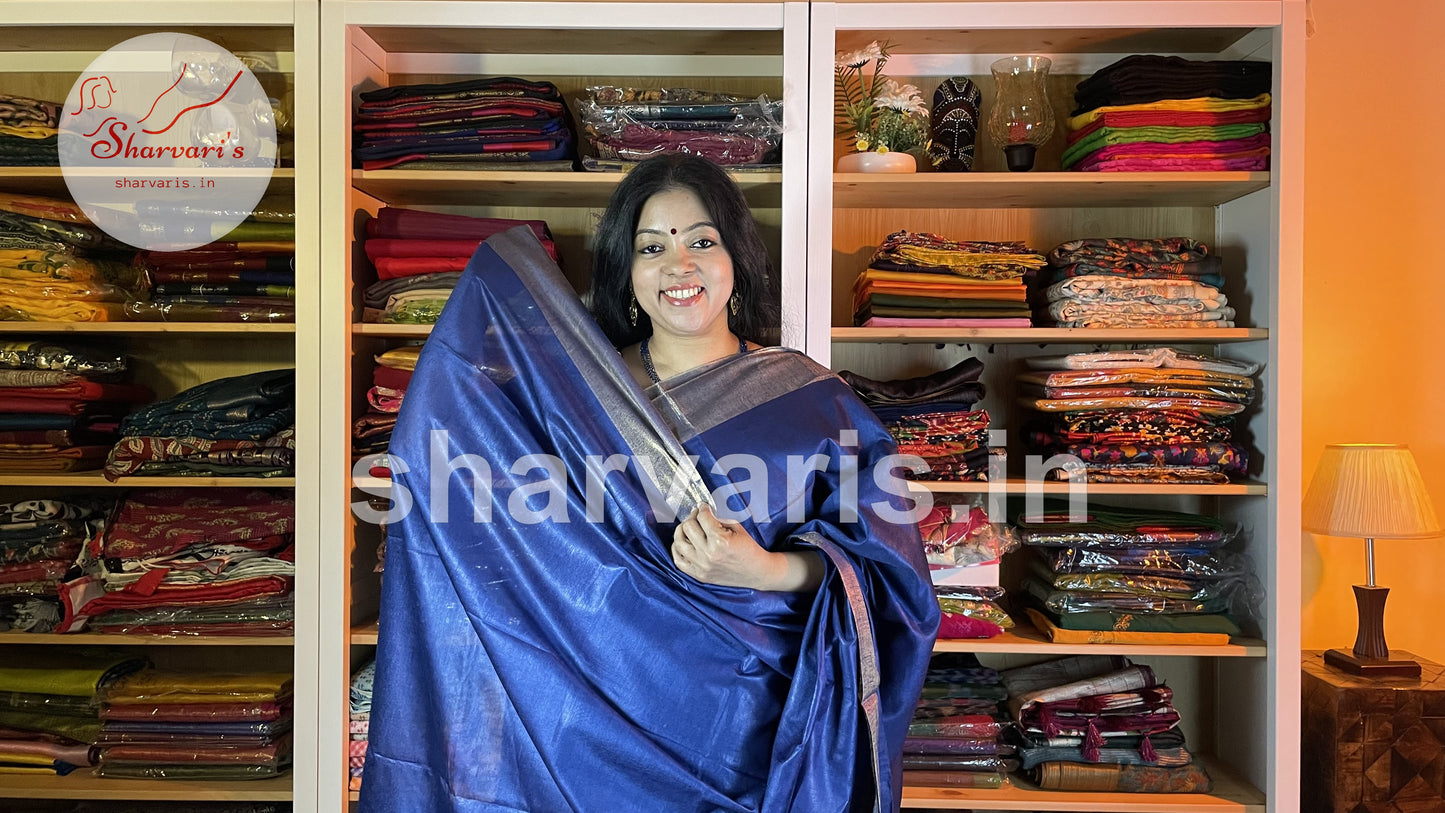 Navy Blue Semi Matka Silk Saree with Zari Borders