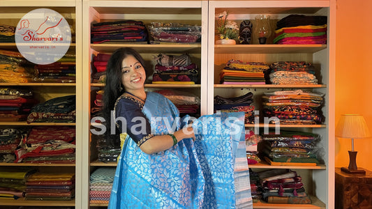 Sky Blue Semi Dupion Saree with Silver Zari Work