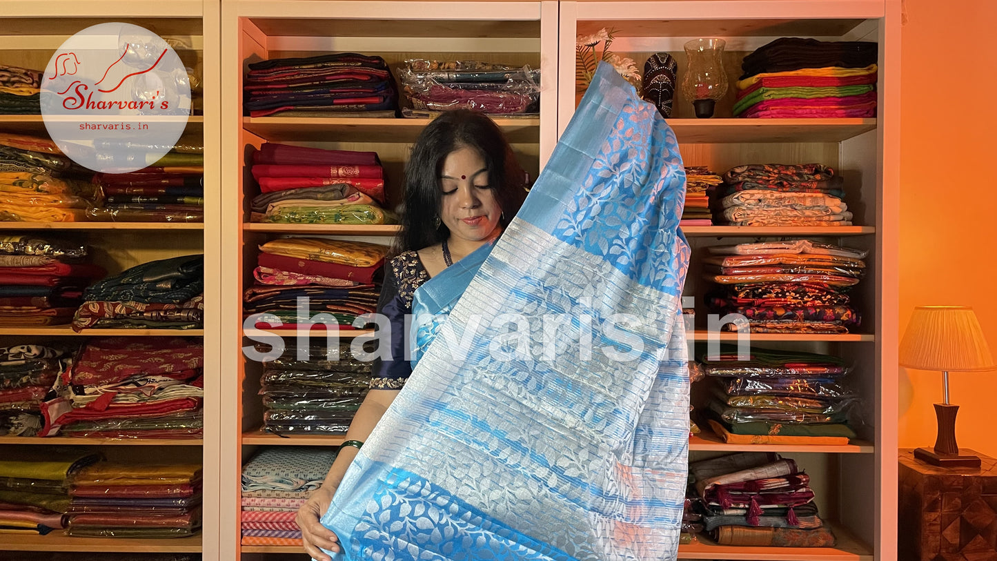 Sky Blue Semi Dupion Saree with Silver Zari Work