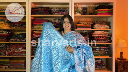 Sky Blue Semi Dupion Saree with Silver Zari Work