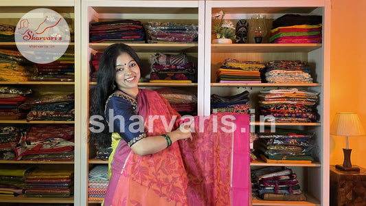 Pinkish Orange Silk Cotton Saree with Floral Pochampally Prints and Ganga Jamuna Borders