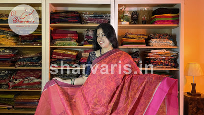 Pinkish Orange Silk Cotton Saree with Floral Pochampally Prints and Ganga Jamuna Borders