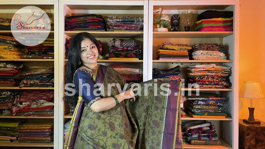 Olive Green Silk Cotton Saree with Floral Pochampally Prints