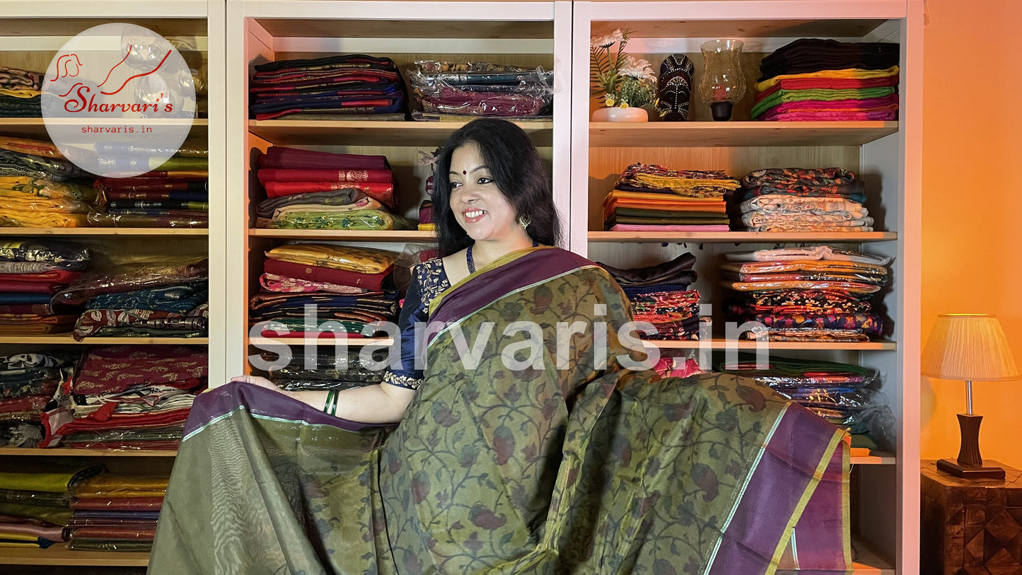 Olive Green Silk Cotton Saree with Floral Pochampally Prints