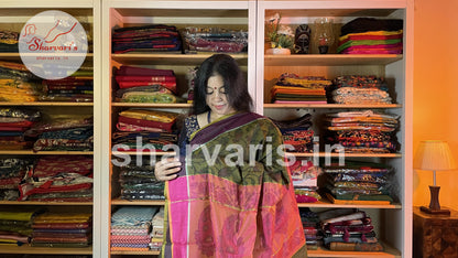 Olive Green Silk Cotton Saree with Floral Pochampally Prints