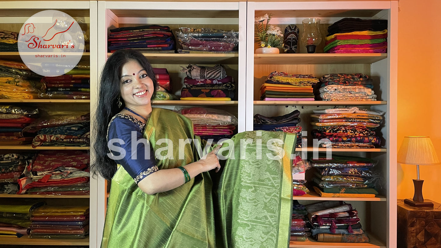 Green Semi Raw Silk Handwoven Saree with Tribal Art Threadwork Patterns