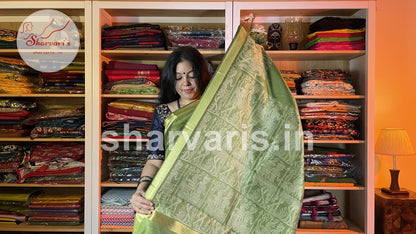 Green Semi Raw Silk Handwoven Saree with Tribal Art Threadwork Patterns