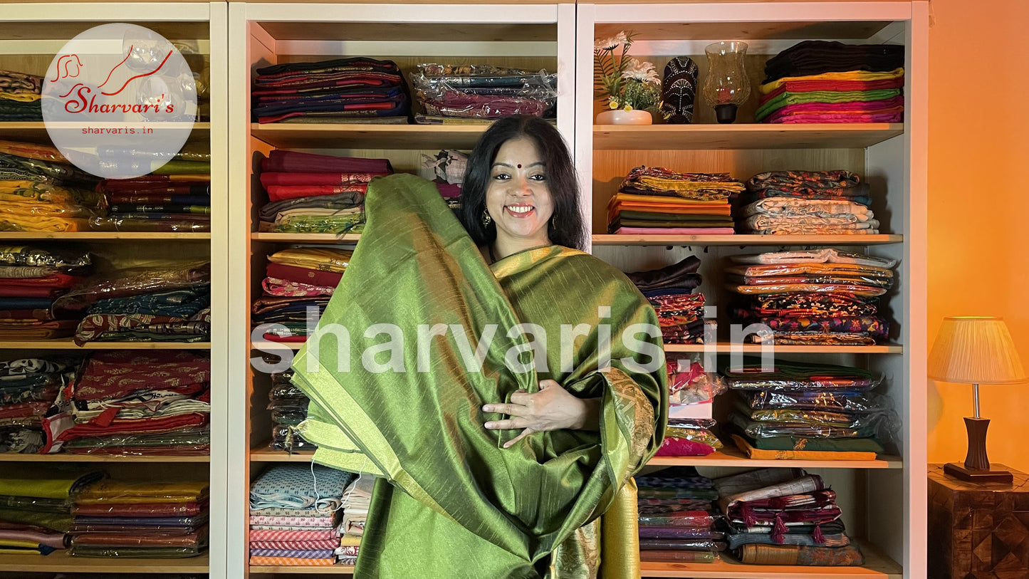 Green Semi Raw Silk Handwoven Saree with Tribal Art Threadwork Patterns