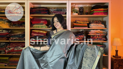 Handwoven Slate Grey Semi Raw Silk Saree with Tribal Art Threadwork Patterns