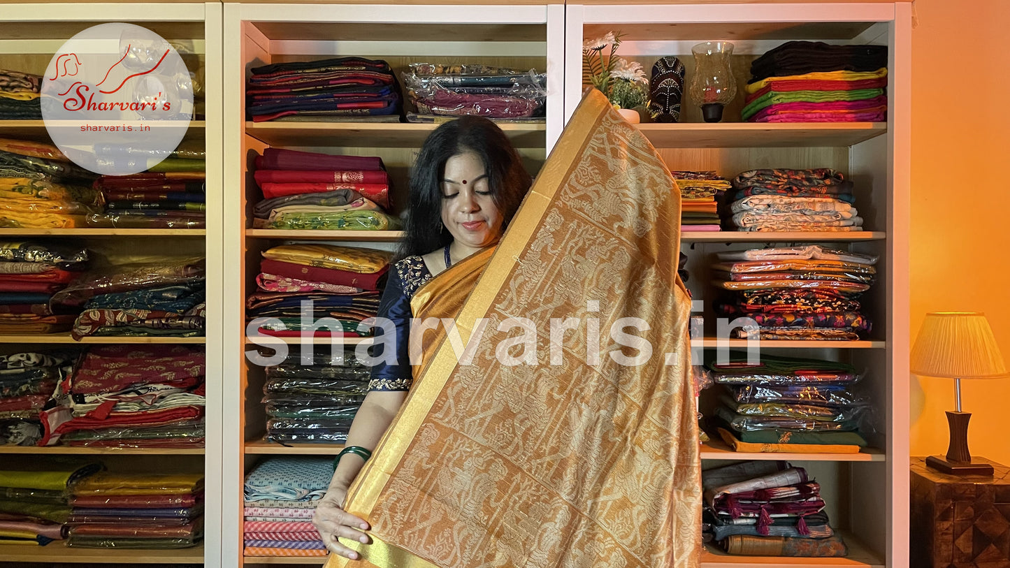 Handwoven Golden Mustard Semi Raw Silk Saree with Tribal Art Threadwork Patterns