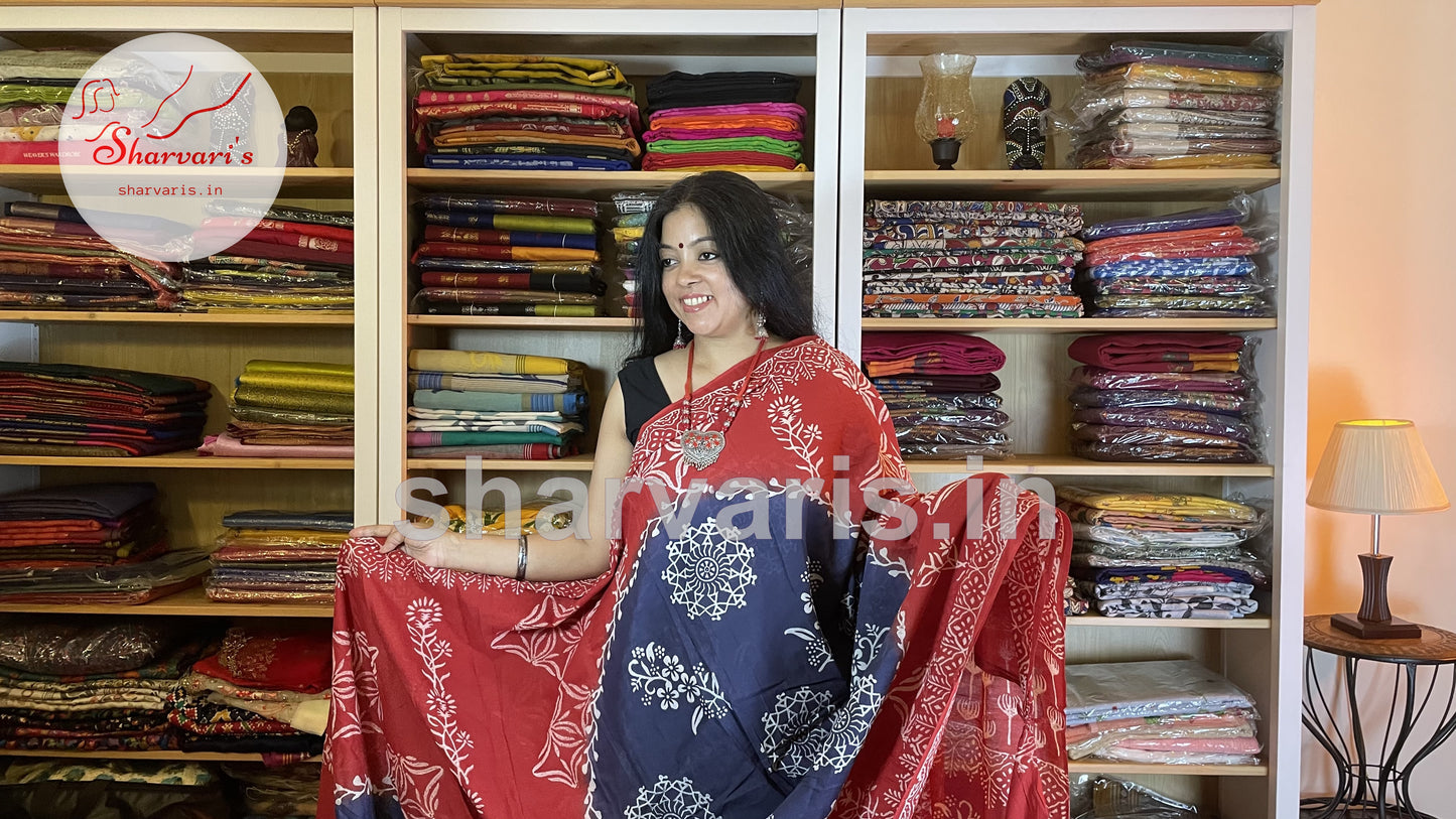 Navy Blue and Dark Red Soft Mulmul Cotton Saree