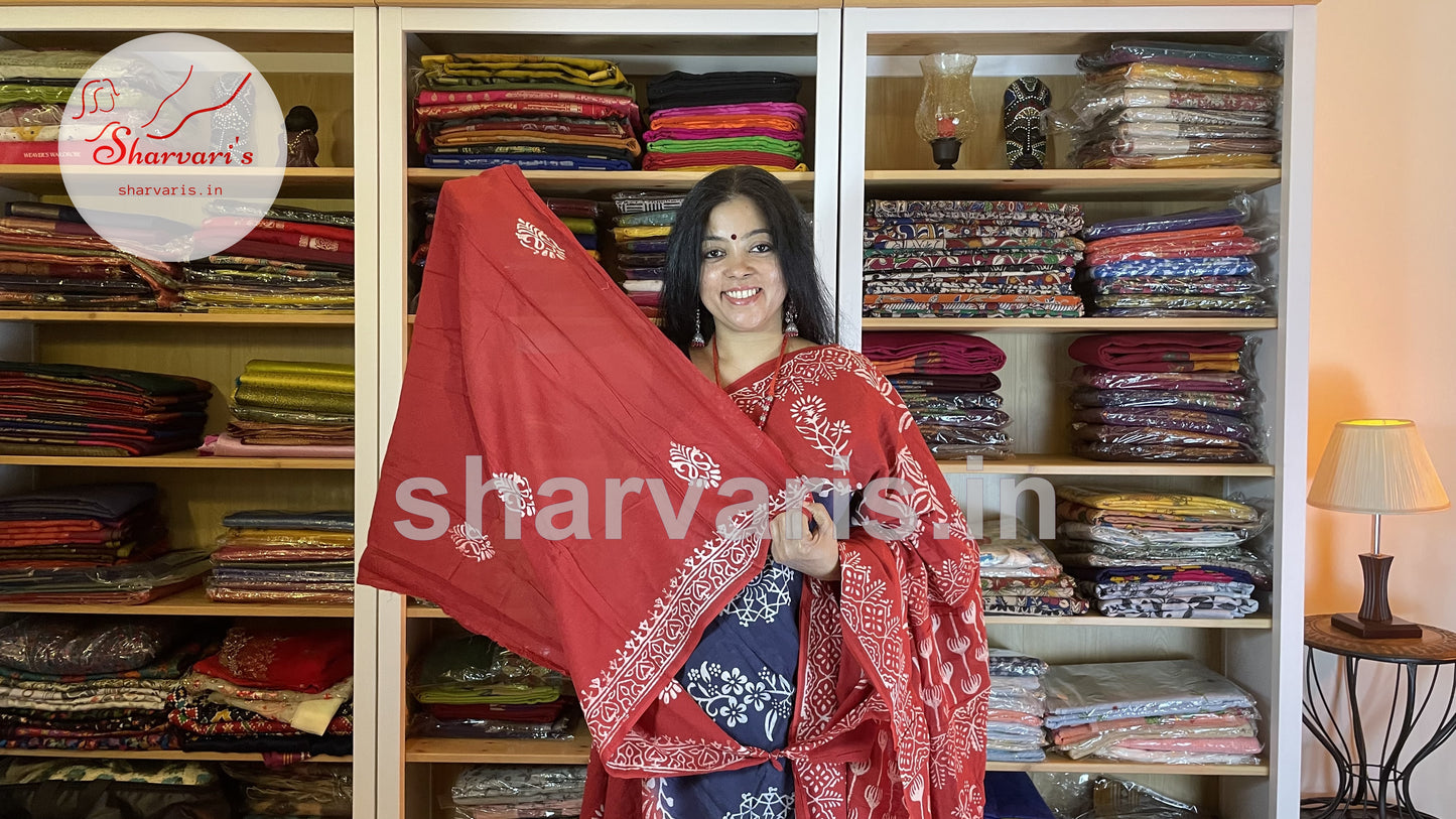 Navy Blue and Dark Red Soft Mulmul Cotton Saree