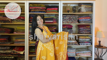 Turmeric Yellow and Red Soft Mulmul Cotton Saree