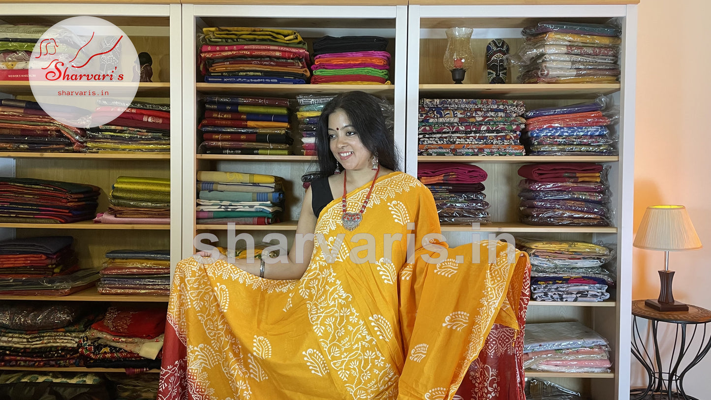 Turmeric Yellow and Red Soft Mulmul Cotton Saree