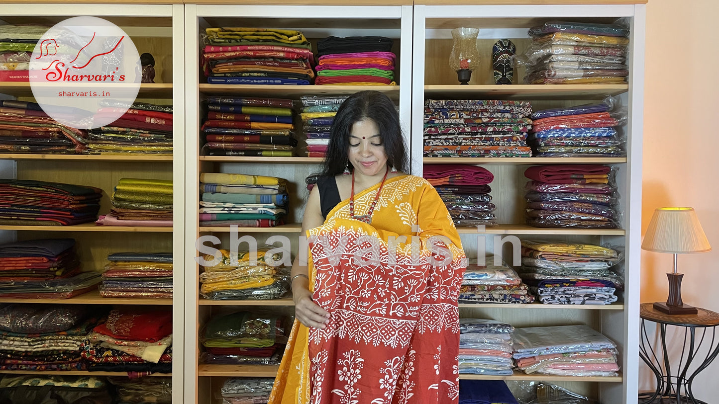 Turmeric Yellow and Red Soft Mulmul Cotton Saree