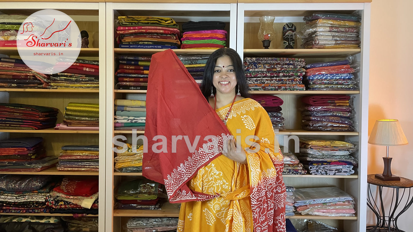 Turmeric Yellow and Red Soft Mulmul Cotton Saree