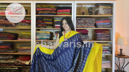 Navy Blue and Lemon Yellow Crease-free Mulmul Cotton Saree with Ikkat Prints