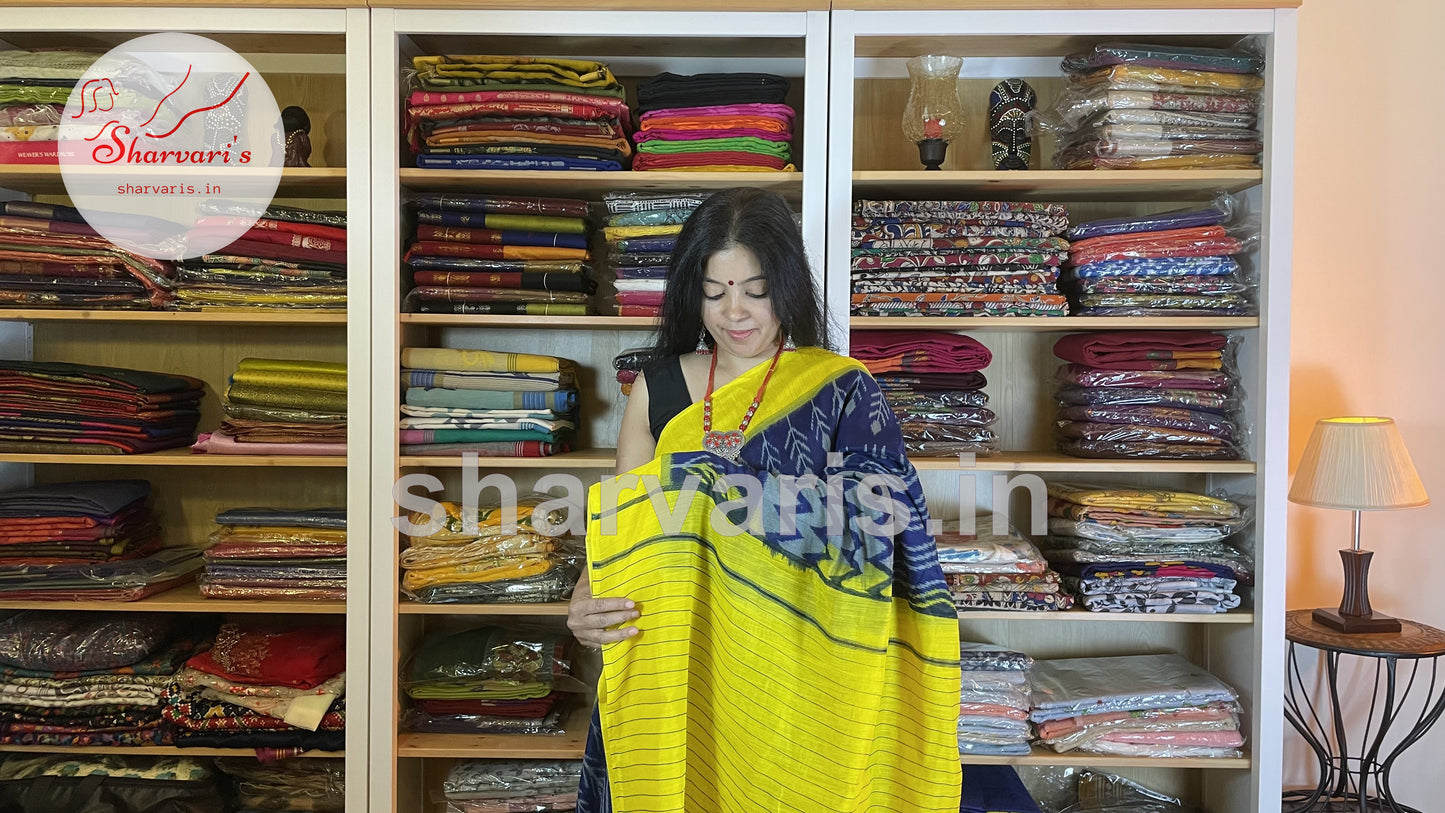 Navy Blue and Lemon Yellow Crease-free Mulmul Cotton Saree with Ikkat Prints