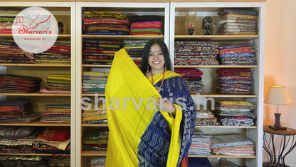 Navy Blue and Lemon Yellow Crease-free Mulmul Cotton Saree with Ikkat Prints