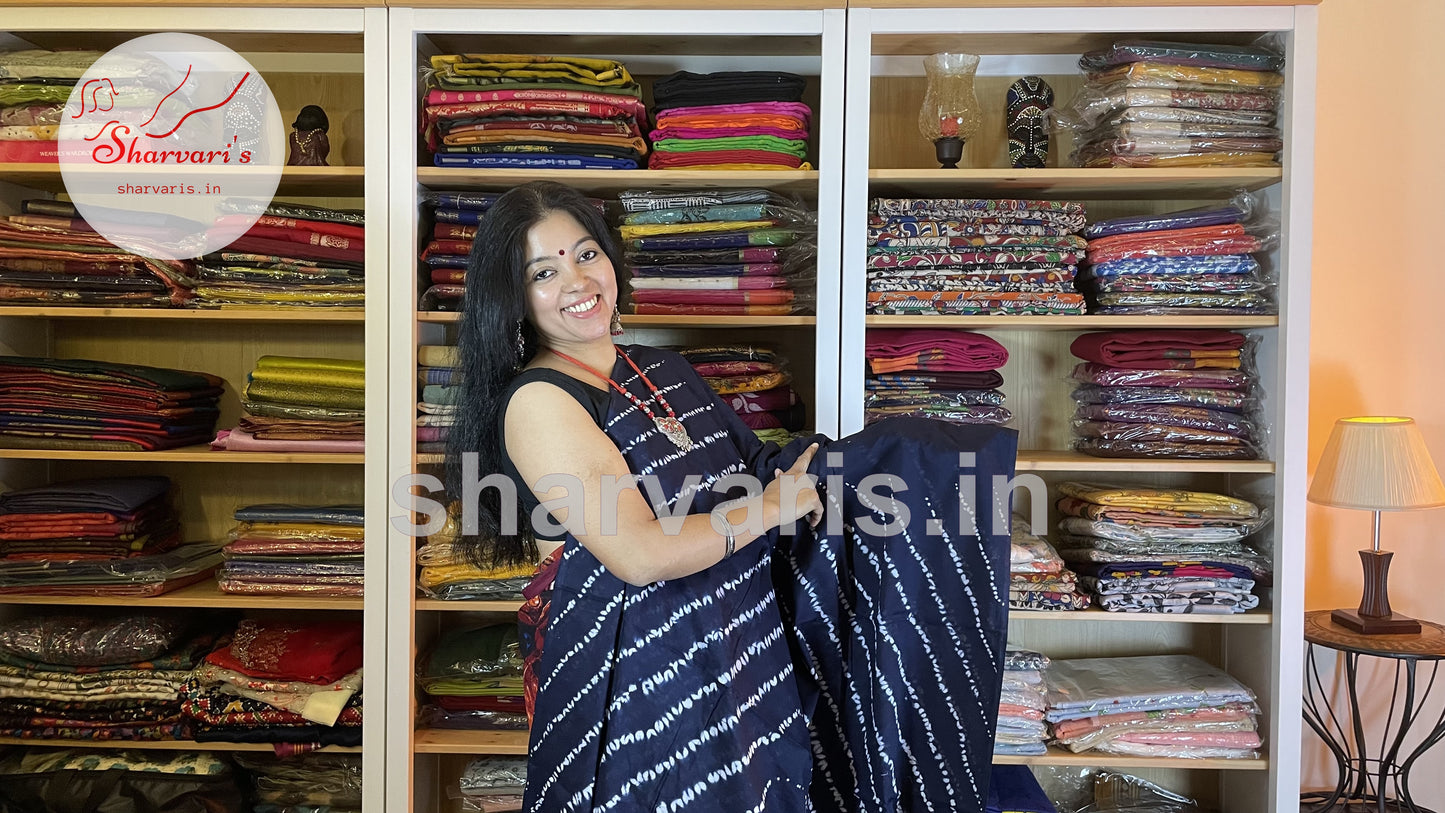 Indigo Mulmul Cotton Saree with Leheriya Patterns