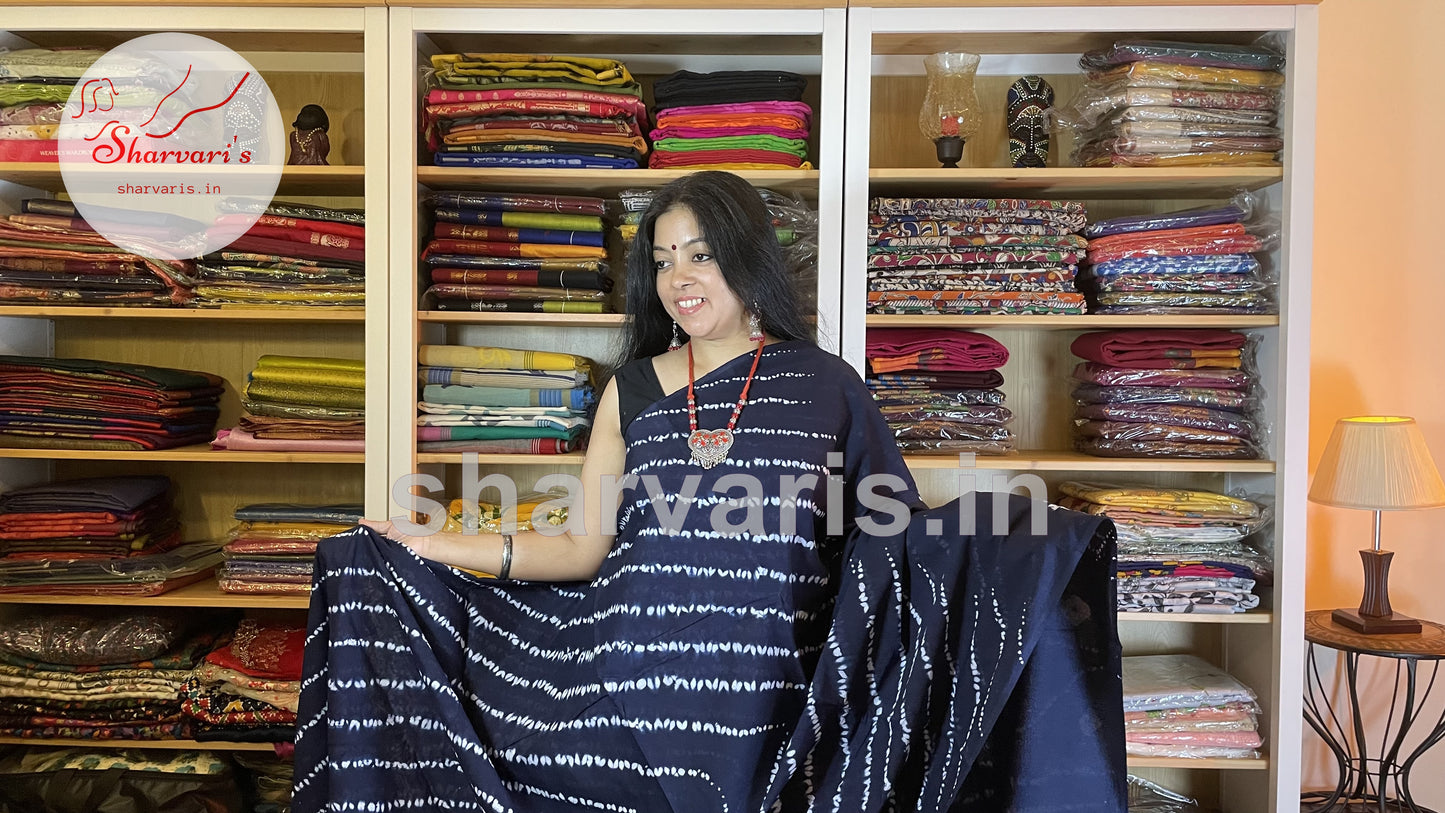 Indigo Mulmul Cotton Saree with Leheriya Patterns