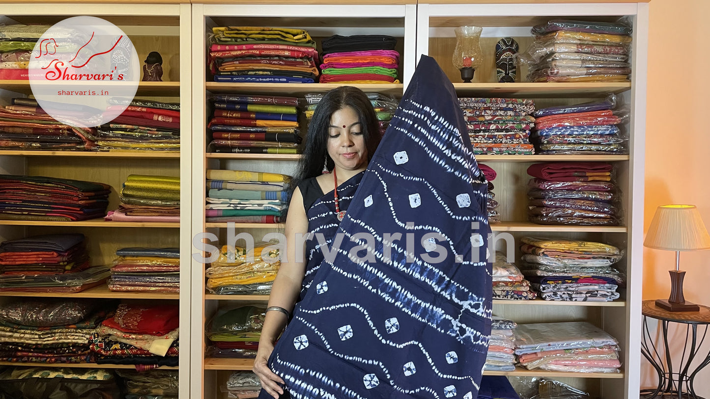 Indigo Mulmul Cotton Saree with Leheriya Patterns