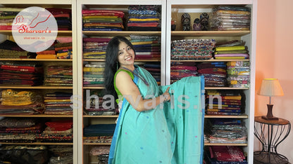 Turquoise Soft Mol Cotton Saree with Handwoven Jamdani Patterns