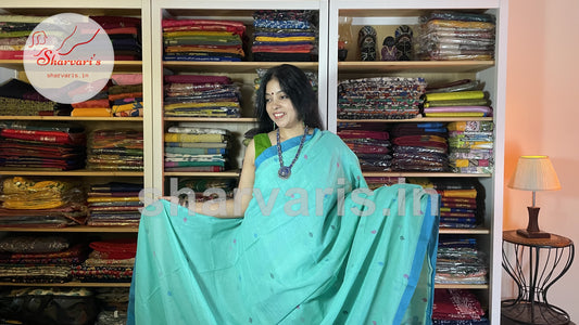 Turquoise Soft Mol Cotton Saree with Handwoven Jamdani Patterns
