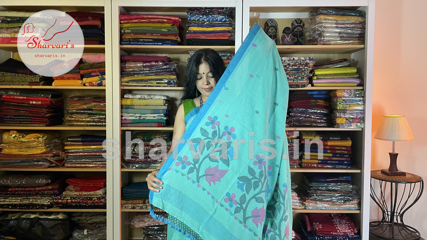 Turquoise Soft Mol Cotton Saree with Handwoven Jamdani Patterns