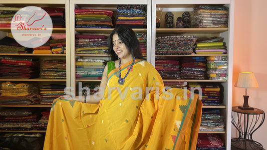 Turmeric Yellow Soft Mol Cotton Saree with Handwoven Jamdani Patterns